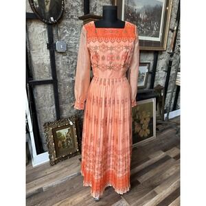 Vintage 60s 70s ALFRED SHAHEEN Hawaii Long Orange Peach Pleated Dress